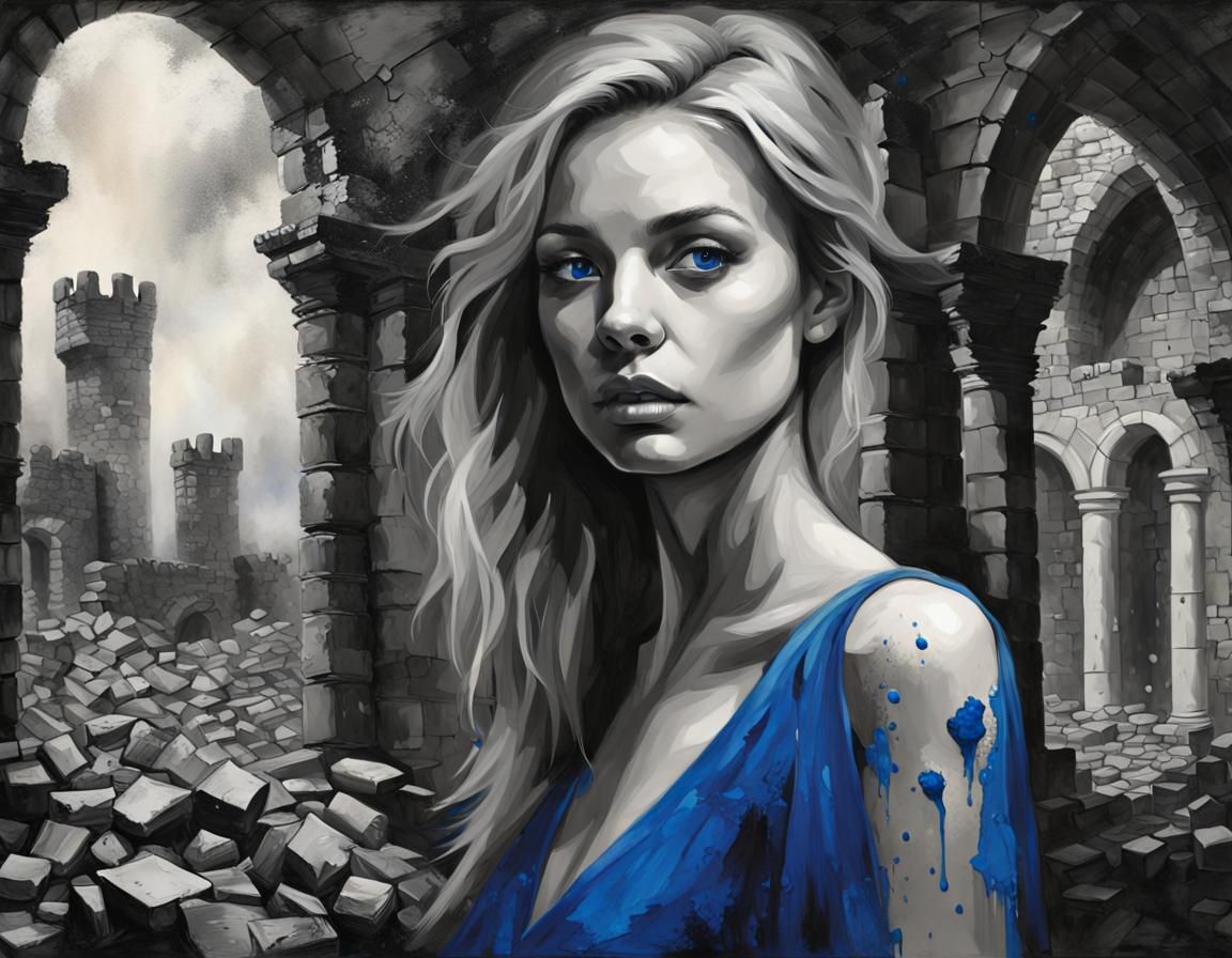 Mysterious Woman in Castle Ruins: Matte Oil Painting