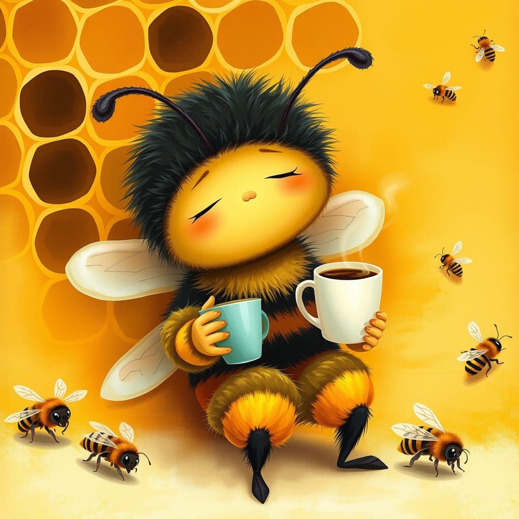 Serene Bumblebee Relaxing with Coffee, Storybook Style