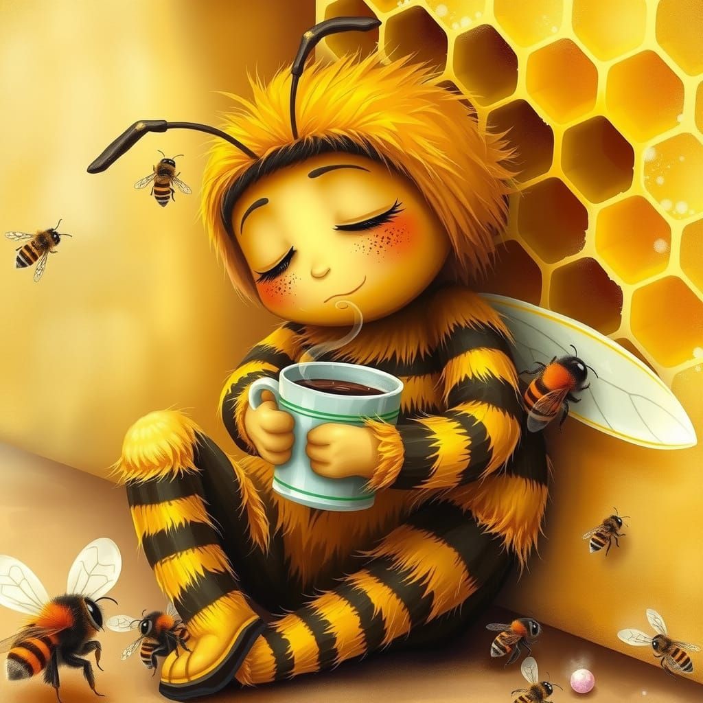 Serene Bee Relaxing with Coffee, Storybook Illustration