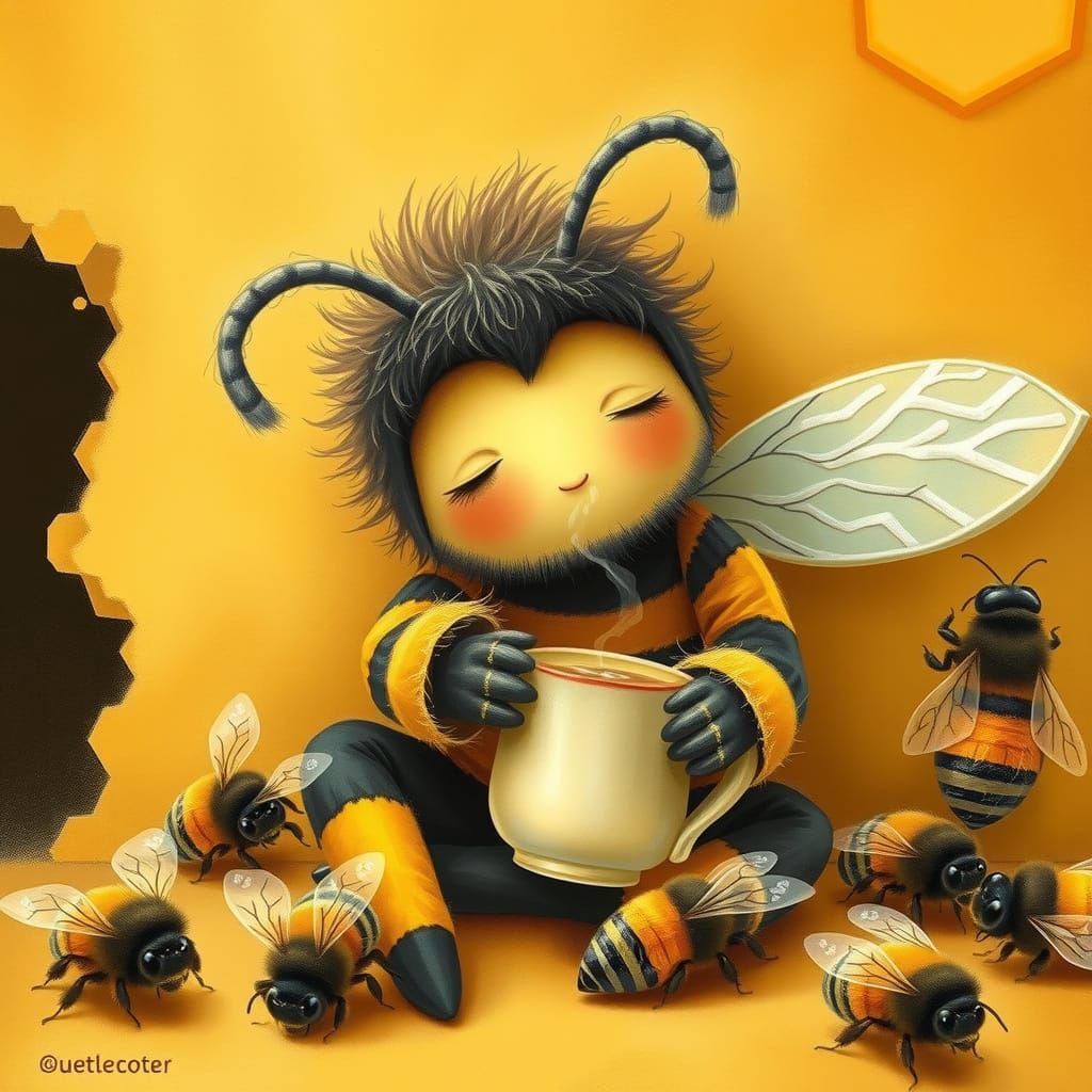 Bumblebee's Coffee Break: Whimsical Storybook Illustration