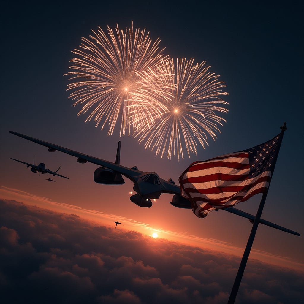 Patriotic Fireworks Display with Military Flyover