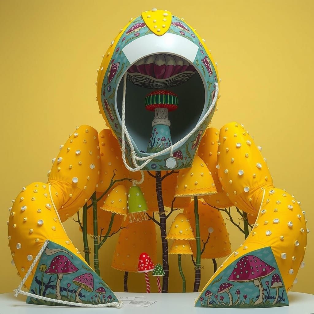 Surreal Modernist Cabin Amidst Whimsical Forest of Giant Mus...