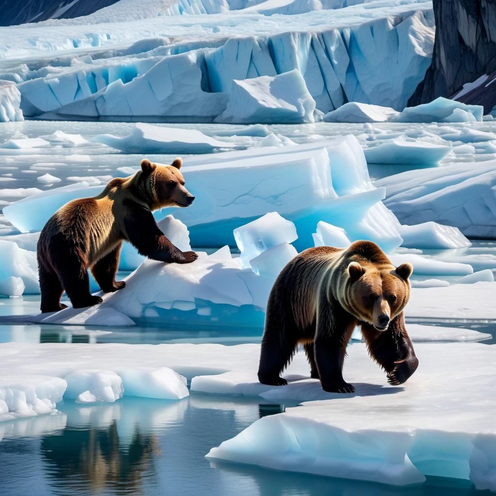 Mother Bear and Cubs on Melting Ice