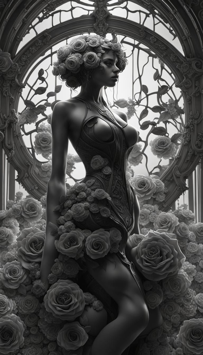 Cyberpunk Black Rose in Surreal Art Nouveau Style