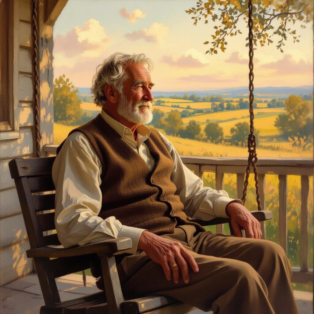 Elderly Man on Porch Swing Overlooking Countryside