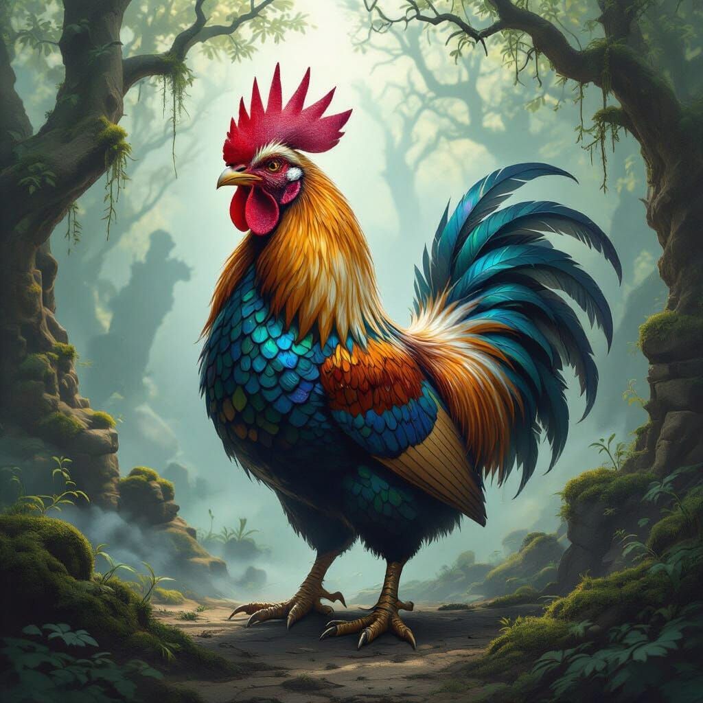 Dragon-Chicken Hybrid in Ancient Forest Oil Painting