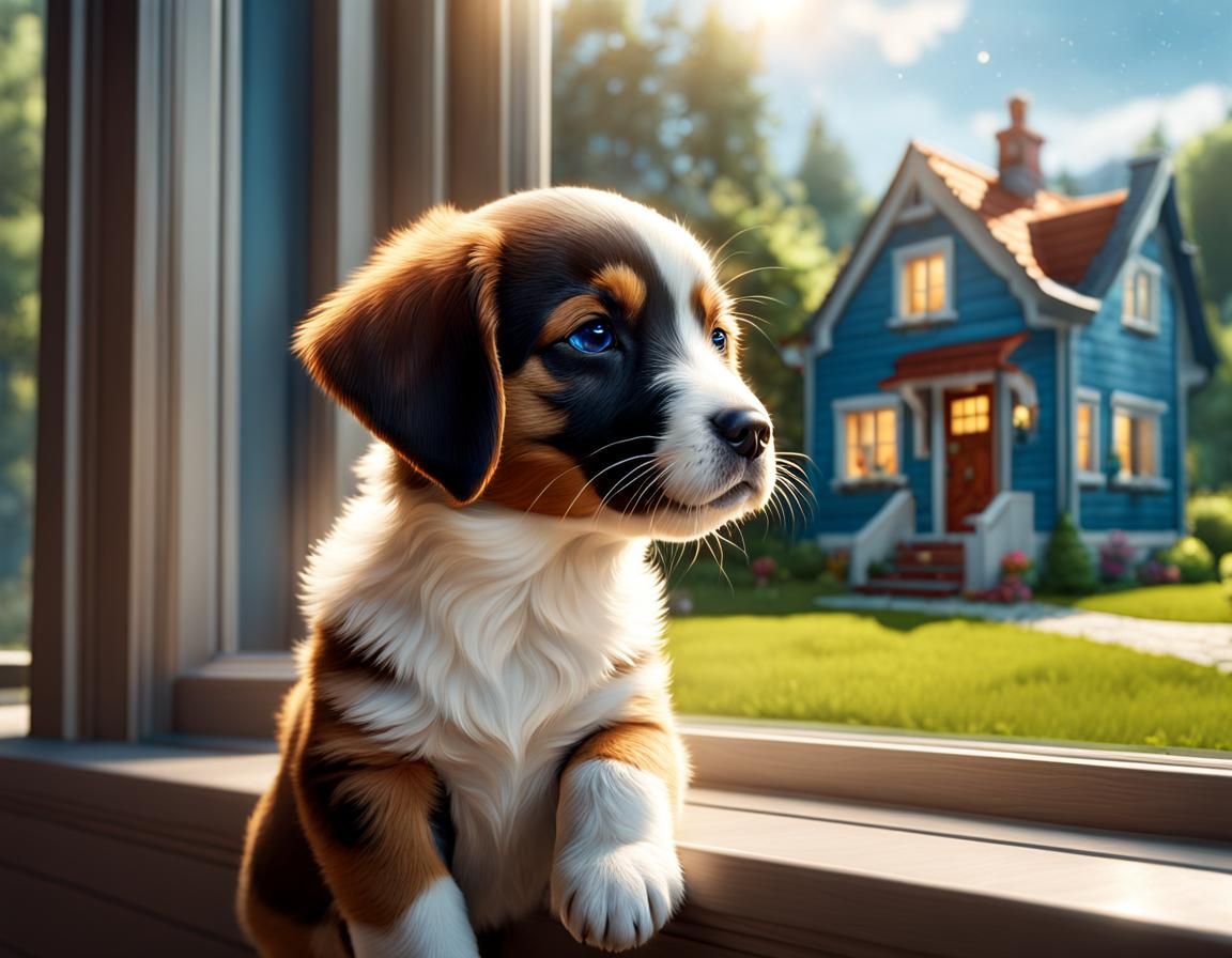 Adorable Puppy Gazing Out Window, Digital Art