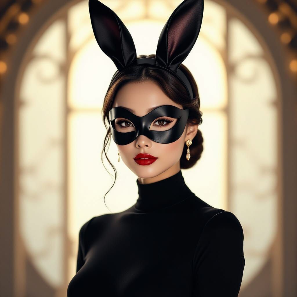 Elegant Woman in Bunny Mask, Art Nouveau Style