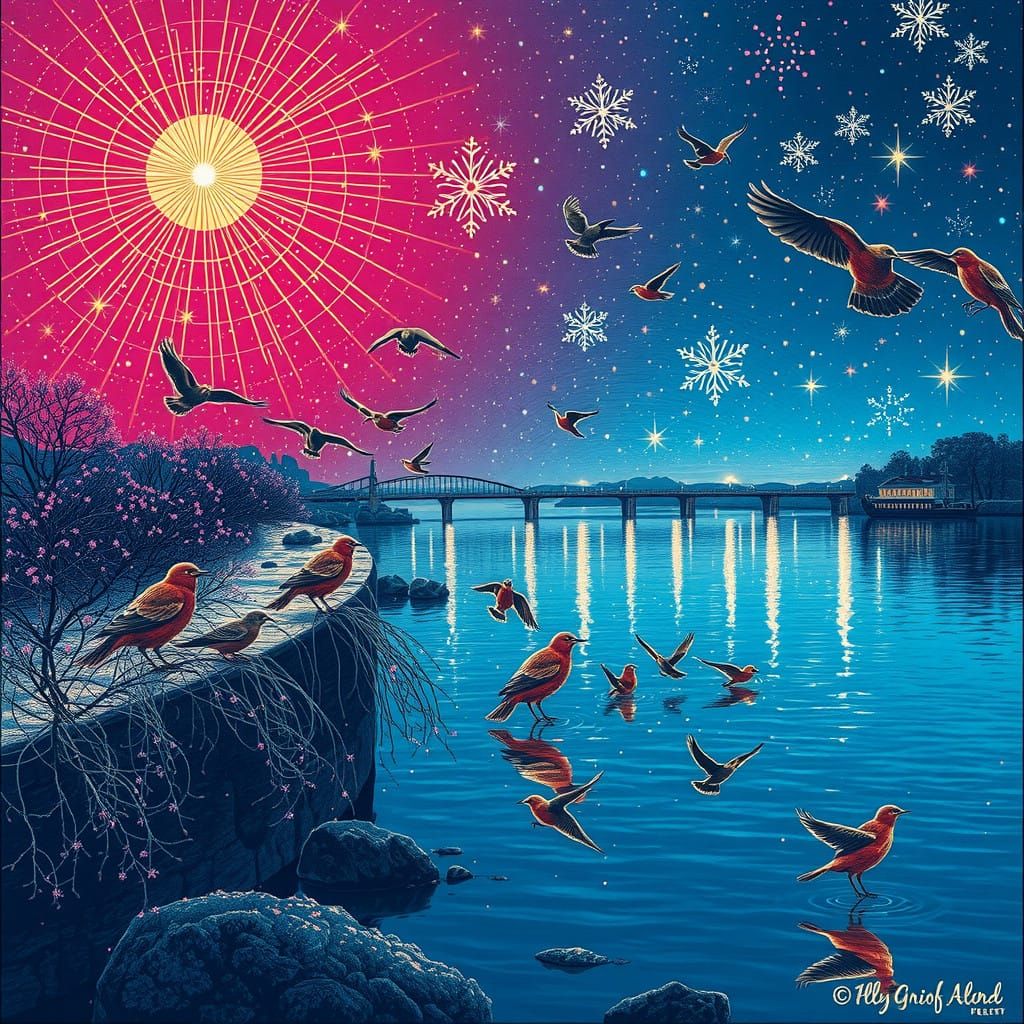 Vibrant Starlings in Whimsical Pointillist Riverscape