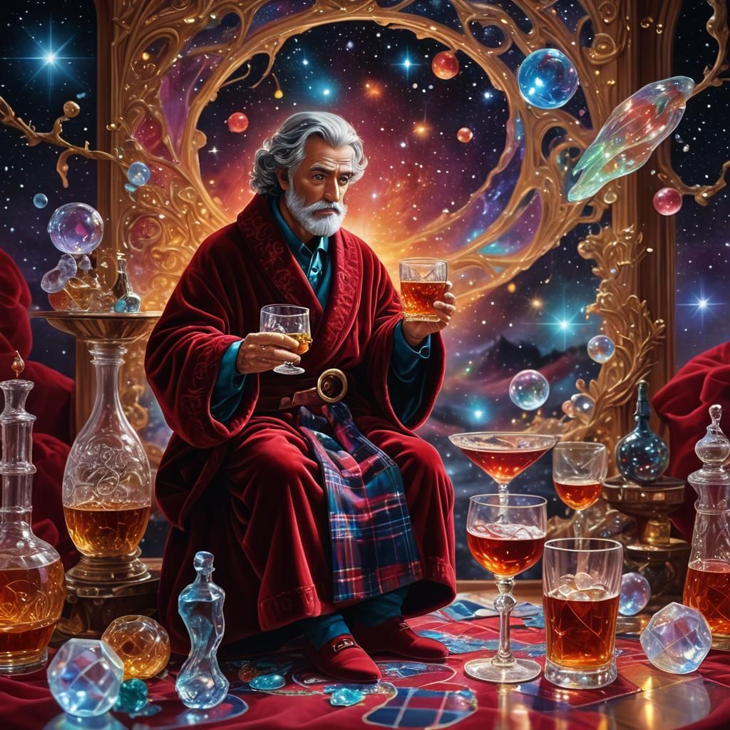 Action Figure Sipping Whiskey in Cosmic Astral Art