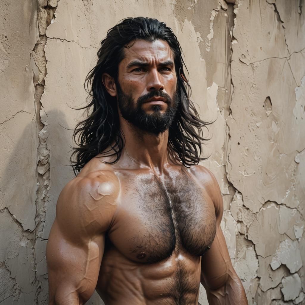 Detailed Portrait of Muscular Man with Long Hair