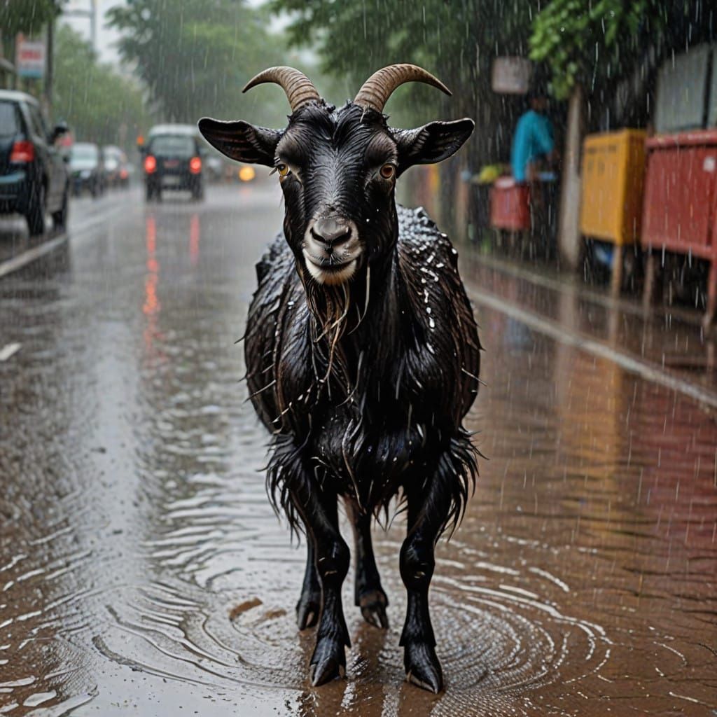Wet goat in heavy rain rain