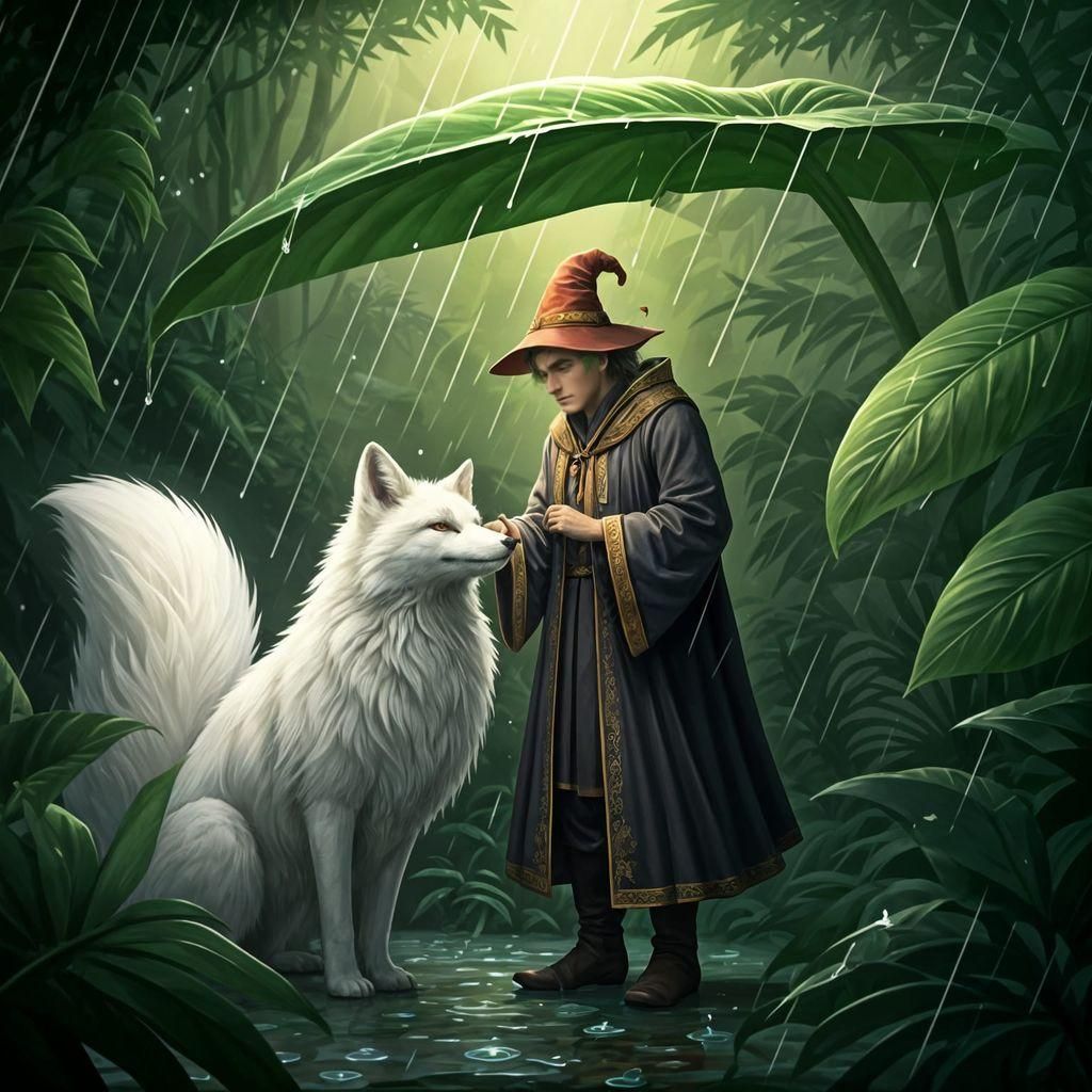 Wizardly Figure in a Rainy Rainforest Sanctuary