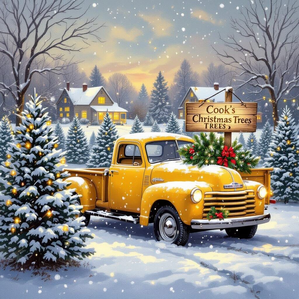Yellow Truck at Snowy Christmas Tree Farm