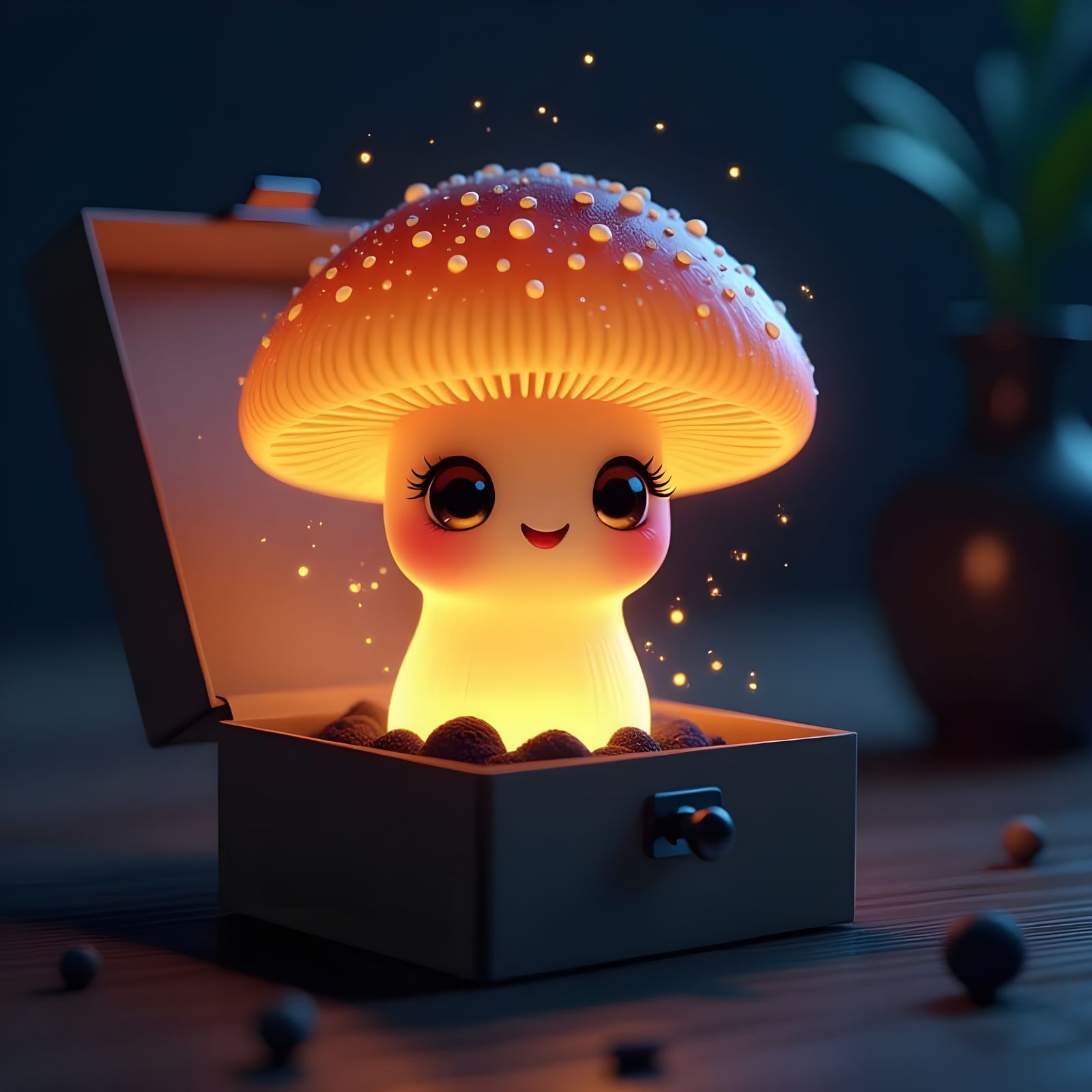 Bioluminescent Fungus Character in Matchbox, Digital Art