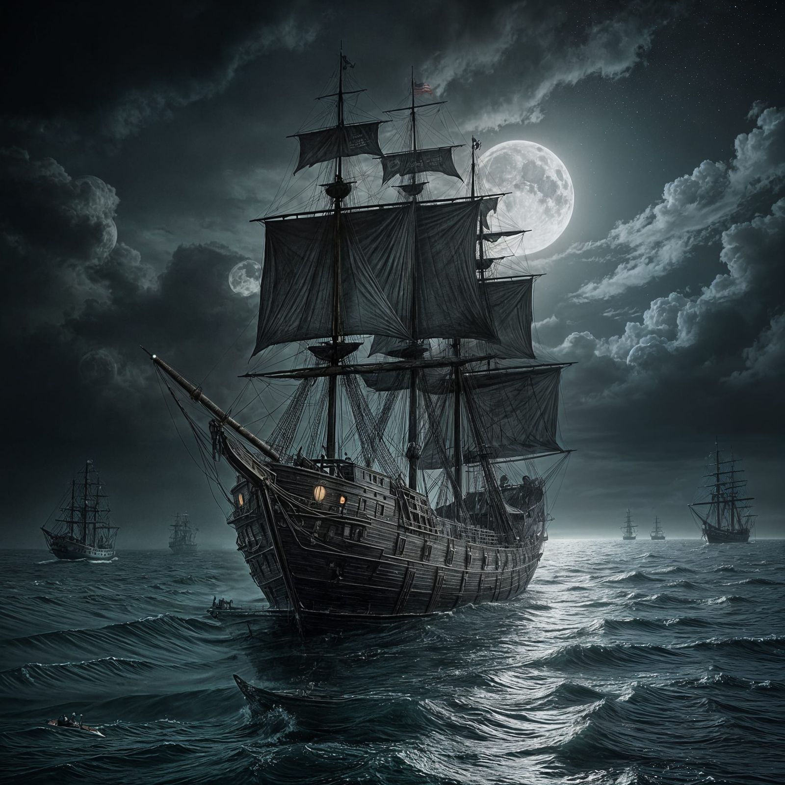 Ghostly Galleon in Charcoal Style, Floating on a Haunted Riv...