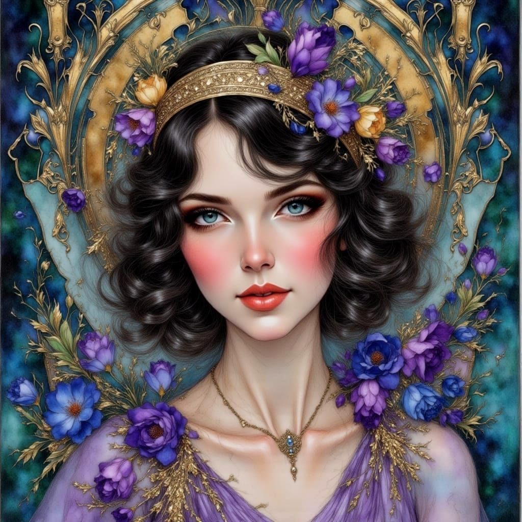 Mysterious Woman with Art Deco Jewelry in Watercolor Style