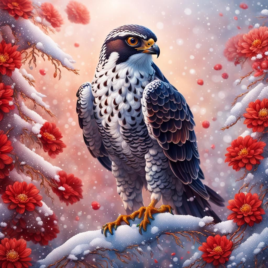 Lace Falcon with Snow and Flowers: Hyperrealistic Art