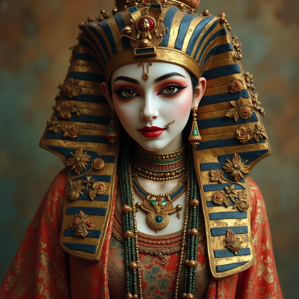 Harmonious Fusion: Tutankhamun, Harlequin, Geisha, Krishna