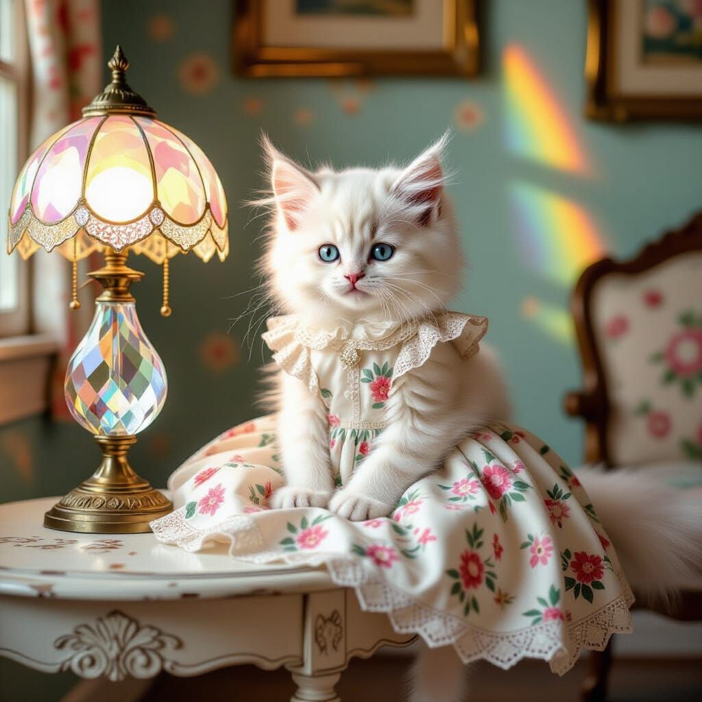 Kitten in Floral Dress with Prism Lamp, Vintage Art