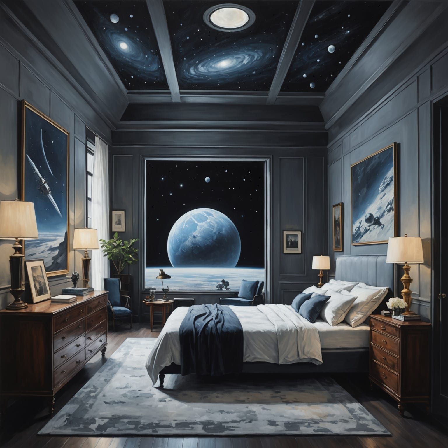 Monochromatic Bedroom Space in Oil Painting Style