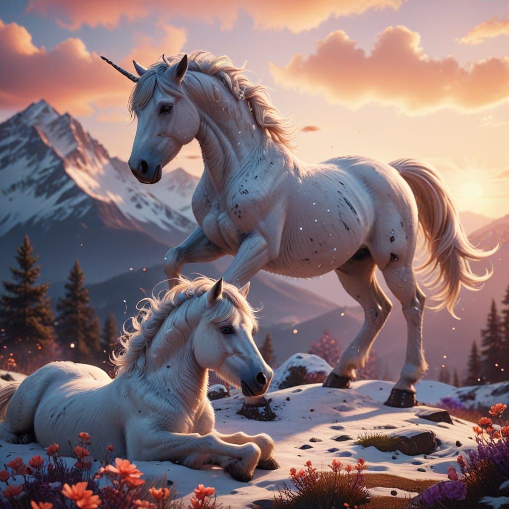 Surreal Fantasy Ponies Play in Snowy Sunset Mountains