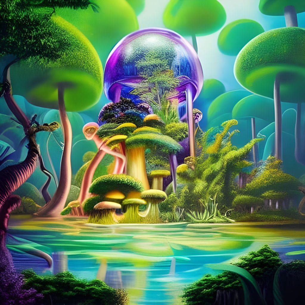 Crystal Temple in Overgrown Jungle with Neon Mushrooms