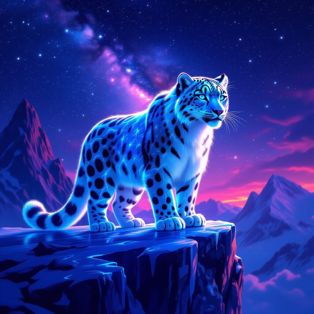Bioluminescent Snow Leopard Under Pulsar Sky
