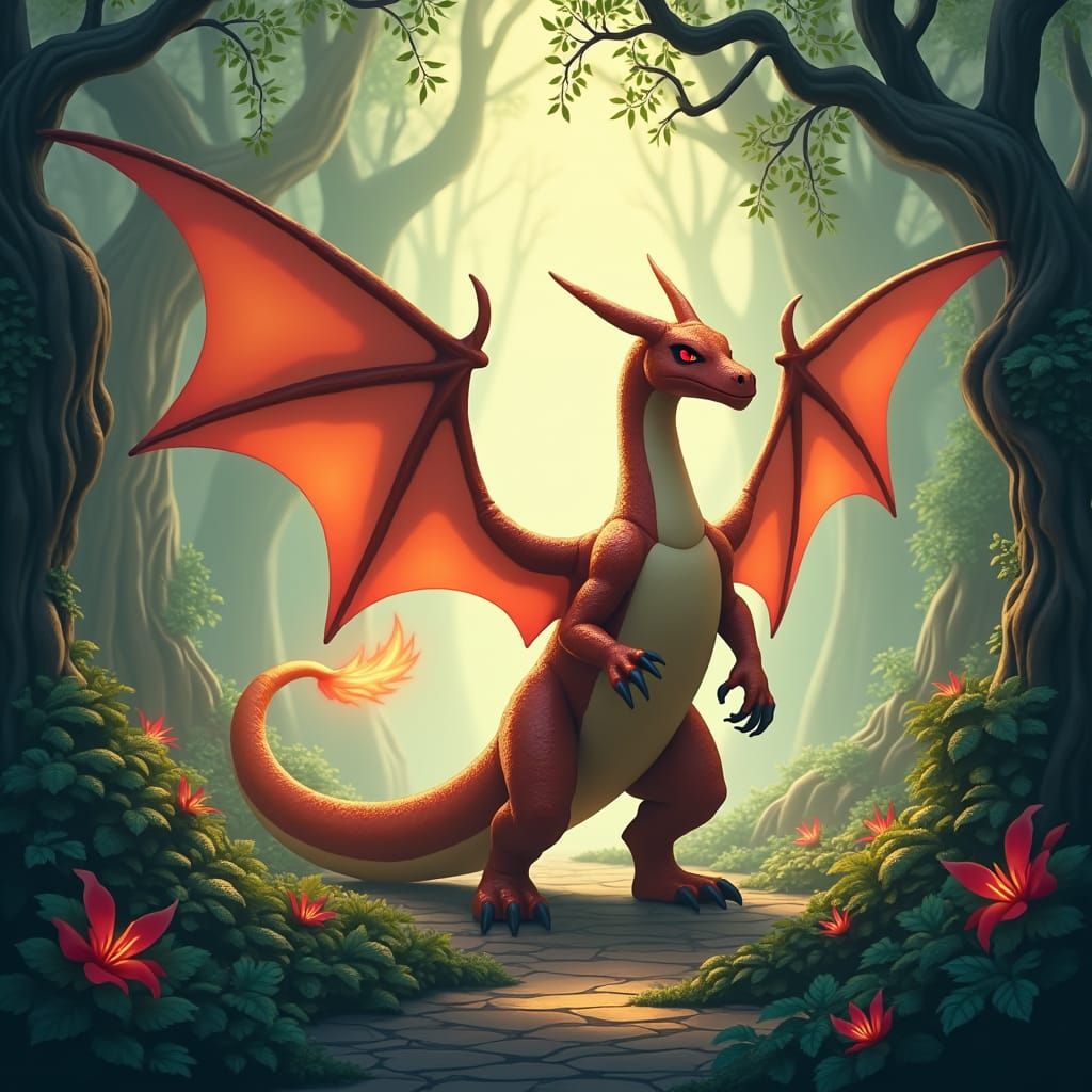 Charizard in Mystical Forest at Golden Hour