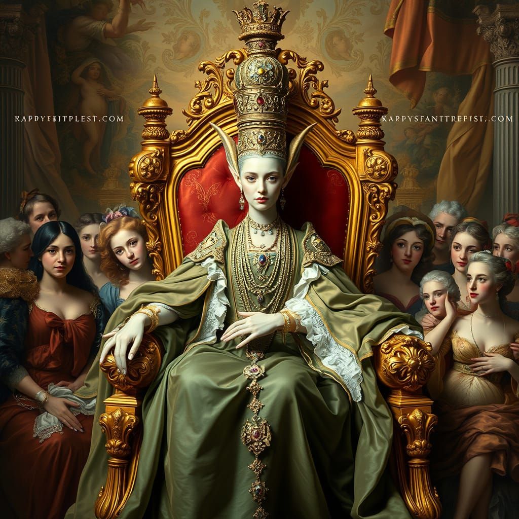 A Rococo-era portrait of an alien queen, adorned with extrav...