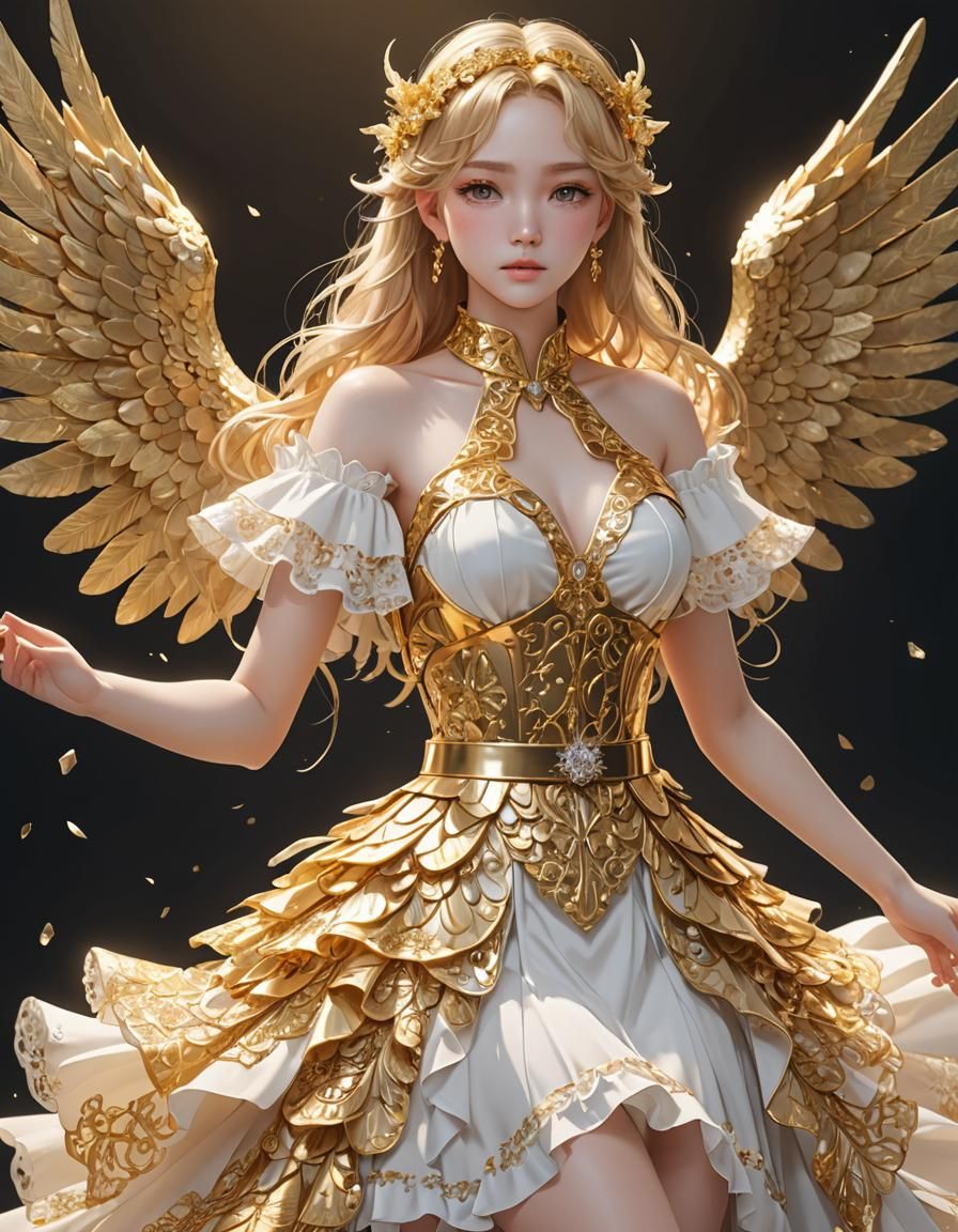 Golden Angel in Lace Dress, 3D Anime Art