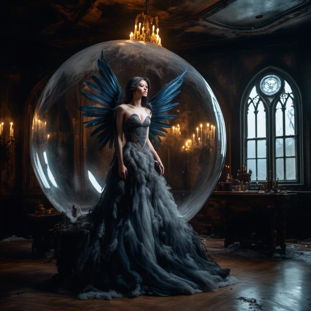 Gothic Angel with Crystal Wings Trapped in Ice