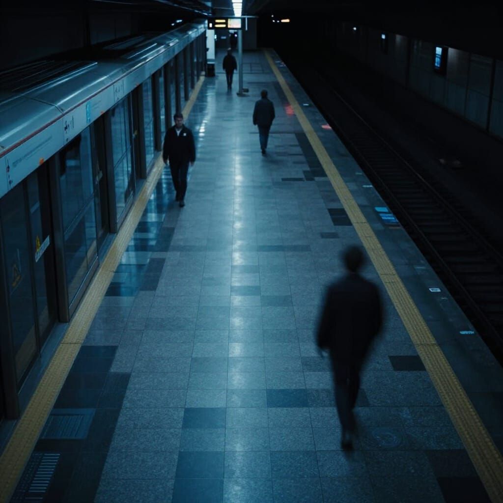 Empty Subway Platform At Night With Blue Lights