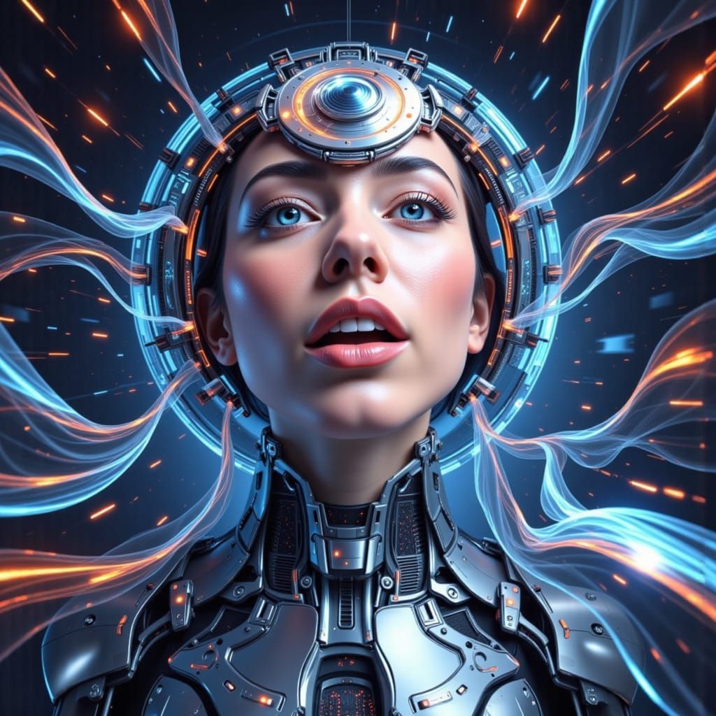 Cyberpunk Pinup Model in Glitchcore Biomechanical Illusion