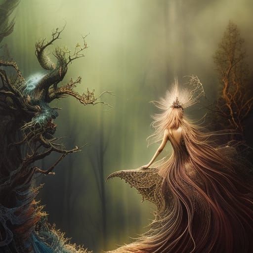 Ghostly Princess in Liminal Forest: Storybook Illustration