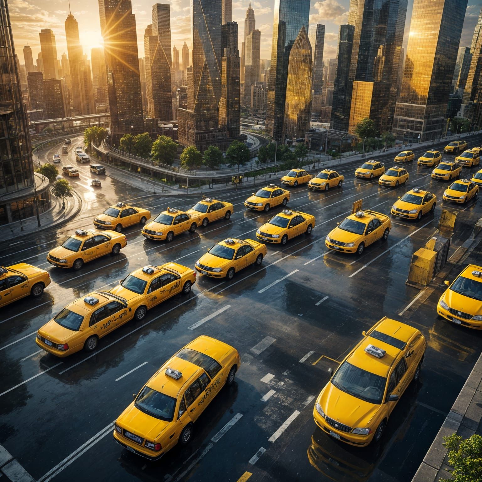 Flying Yellow Taxis in Futuristic Cityscape