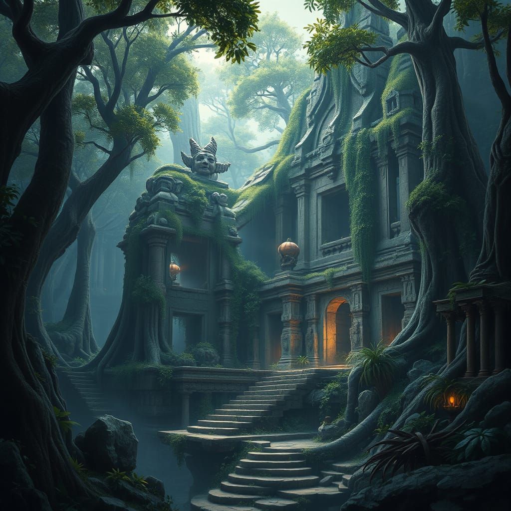 Ancient Jungle Ruins in a Dreamlike, Bioluminescent Landscap...