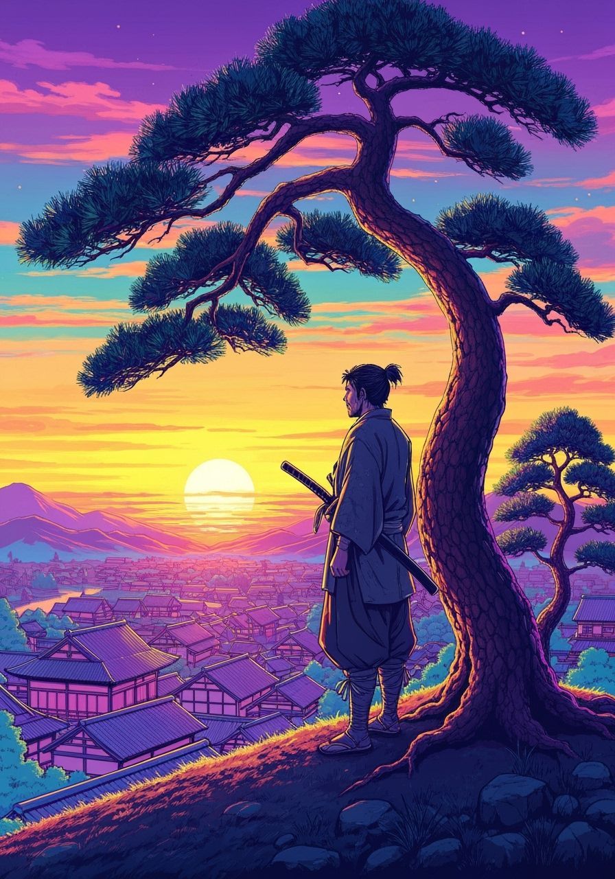 Samurai Gazing Over Japanese Village in Vaporwave Style