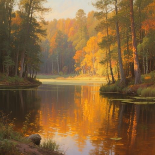 Tranquil Amber Lake in Forest, Painterly Realism Style