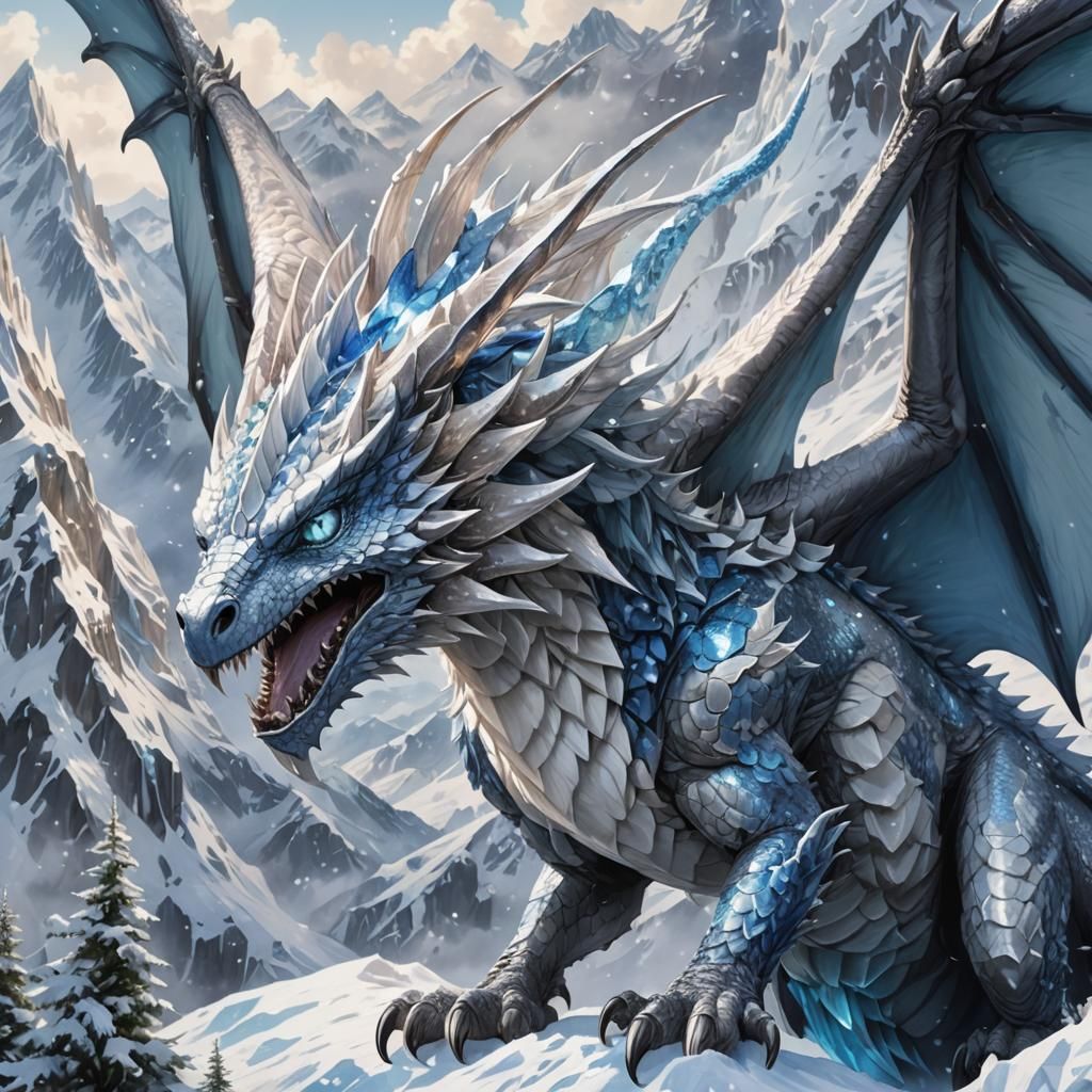 Wyvern Emerges from Icy Mountains in Anime Art