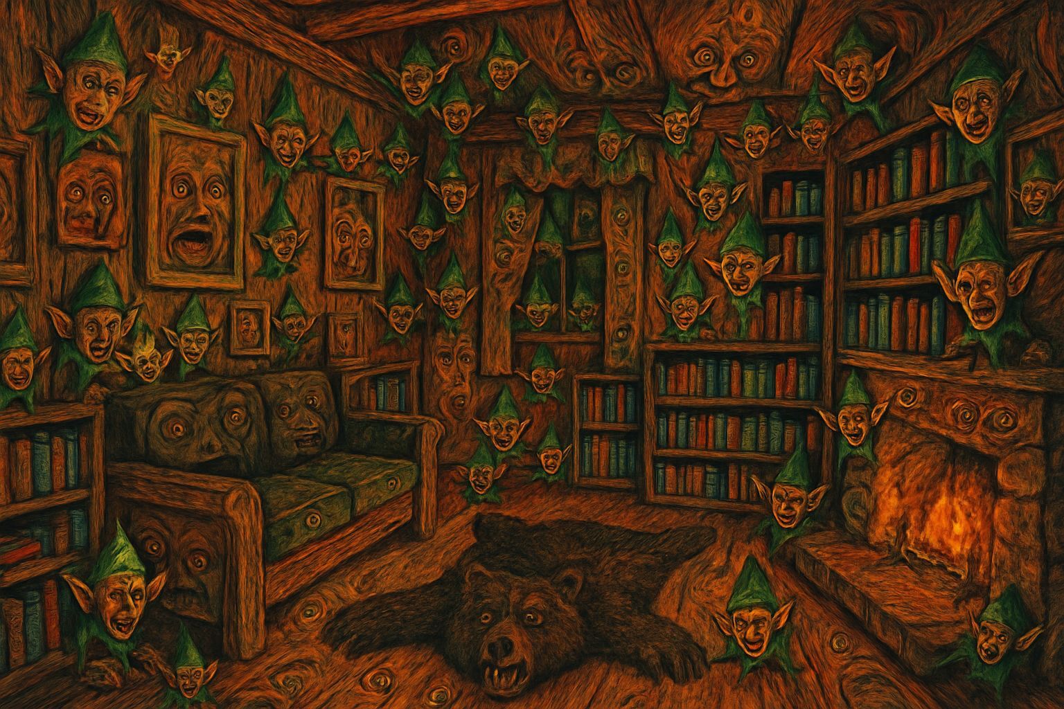 Hallucinatory Woodgrain Cabin Interior at Night