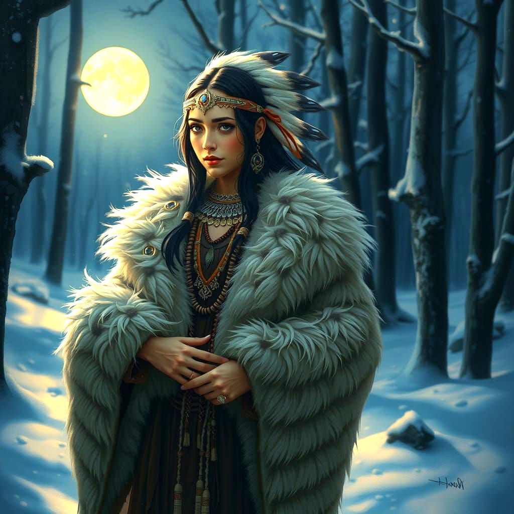 A hot woman in traditional Native American clothing, adorned...