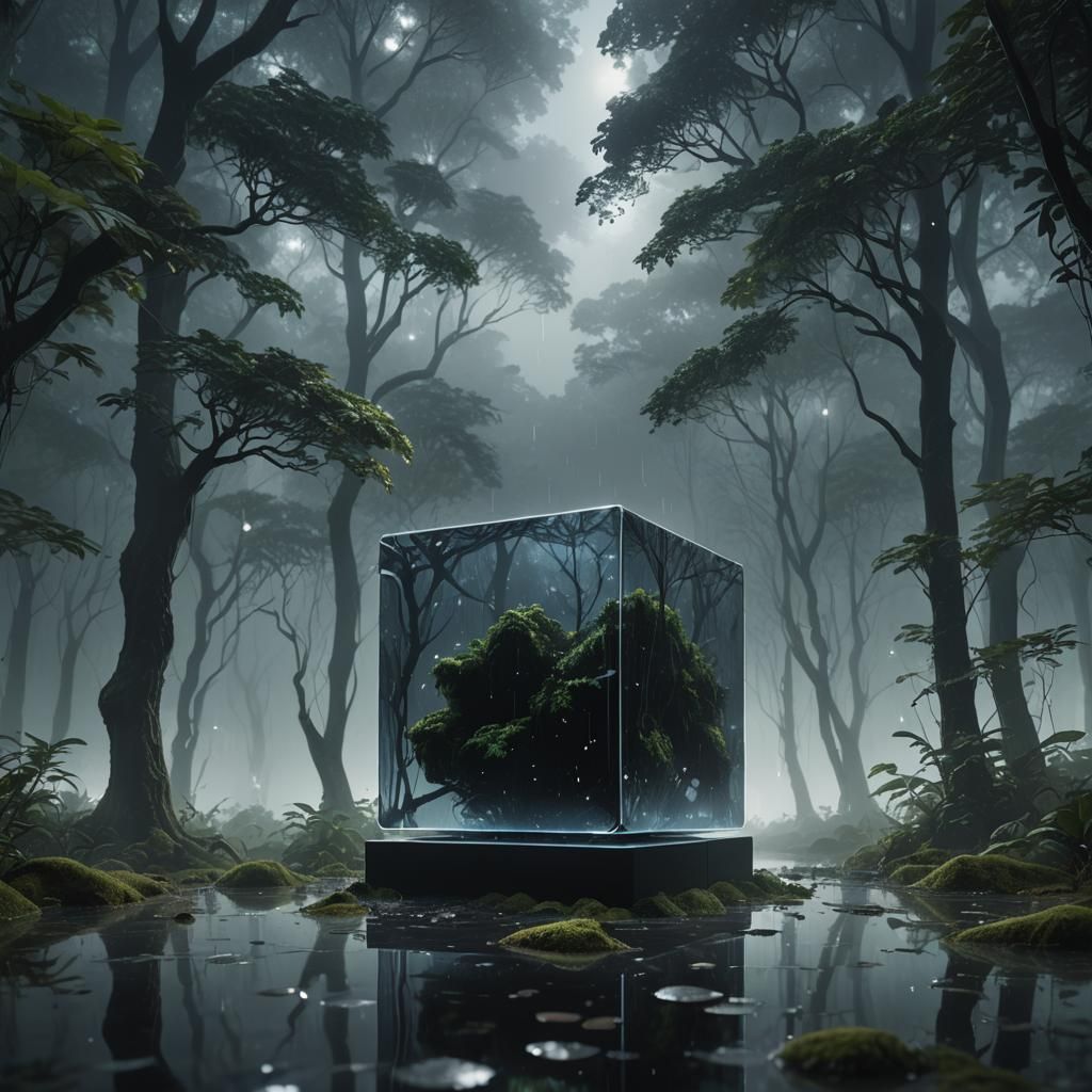 Black Glass Cube Reflecting Starry Sky