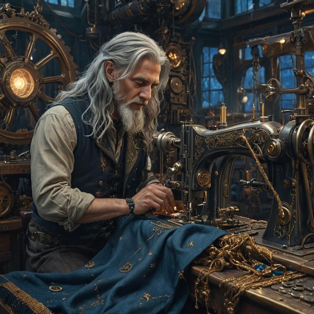 Steampunk Tailor Weaving Magic in Spaceship