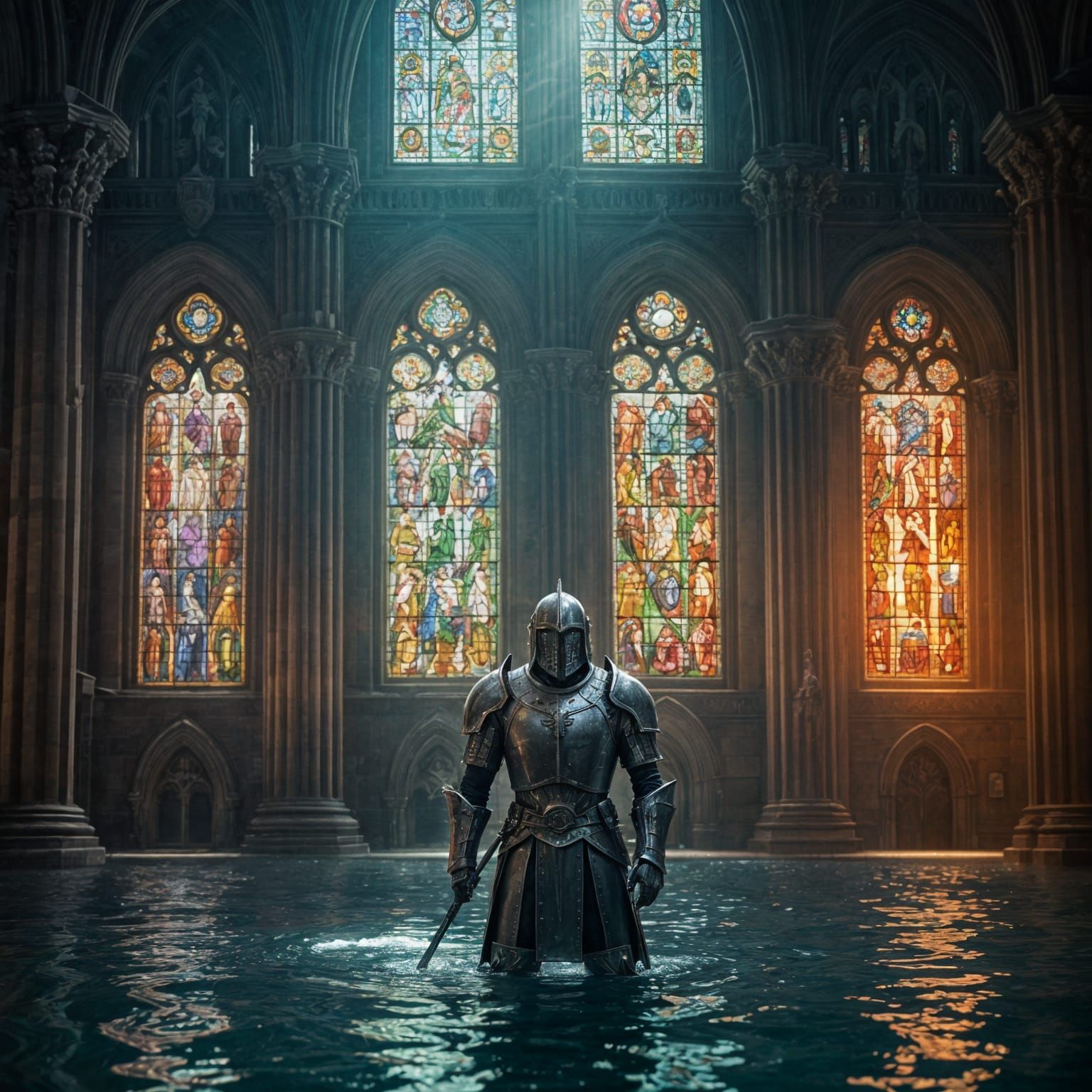 Submerged Cathedral with Knights Templar in Digital Art