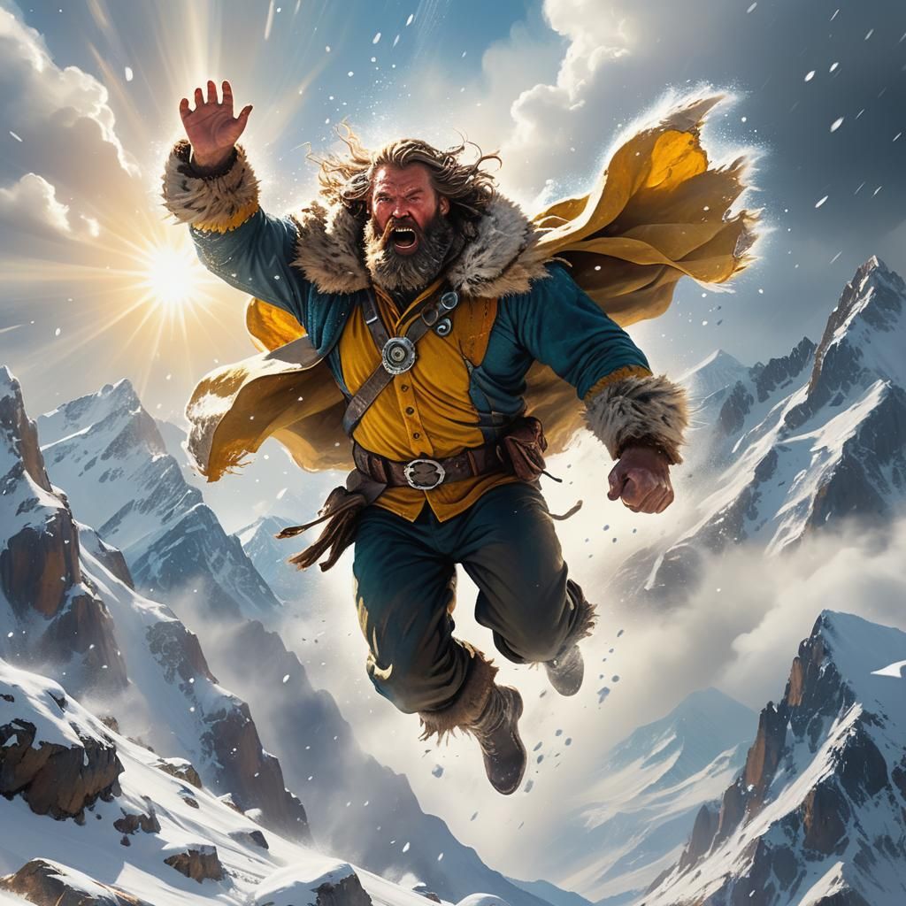 Surreal Winter Marvel Hero Soars in Snowy Stormy Skies