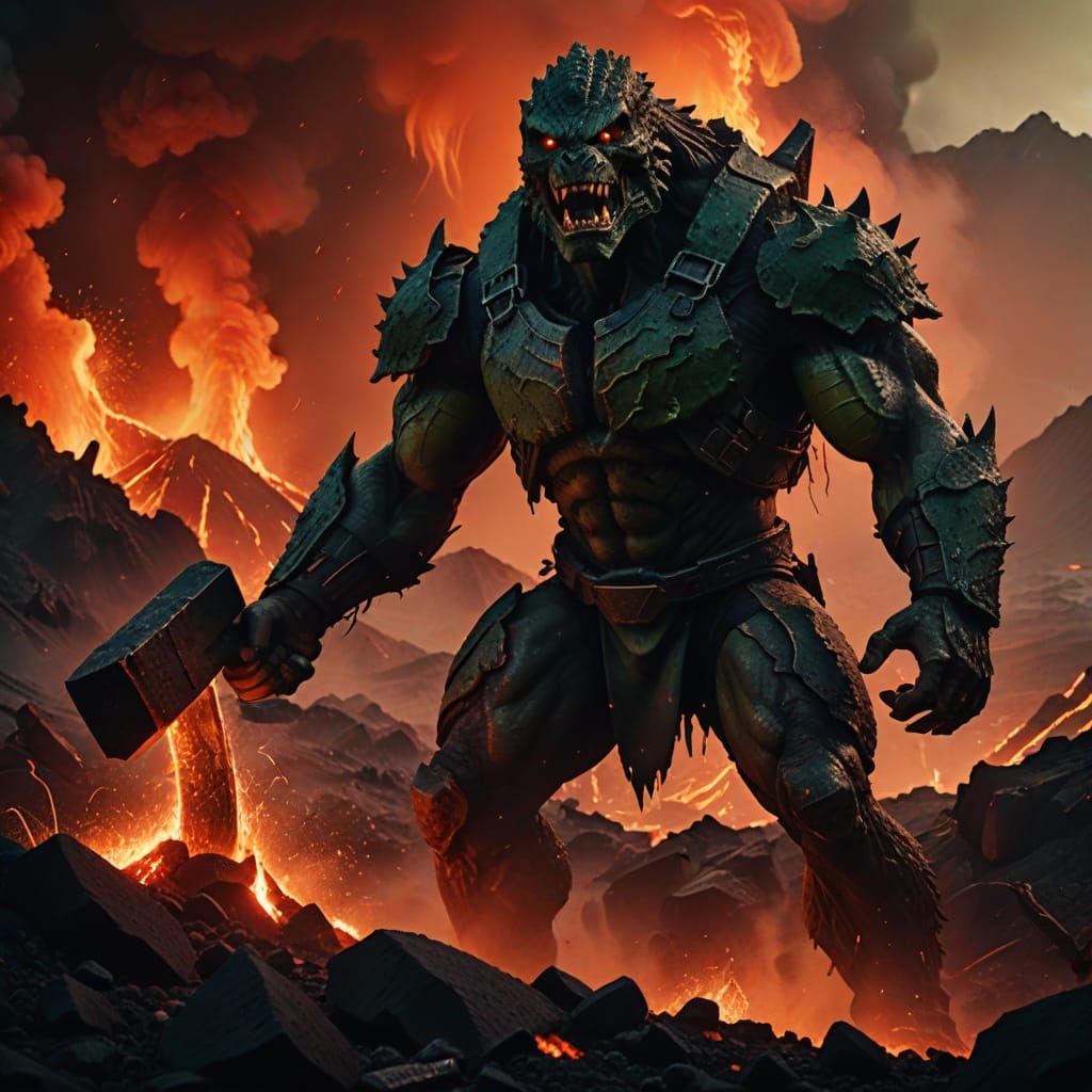 War Chief in Dark Green Eyes, Sharp Teeth, and Muscular Phys...