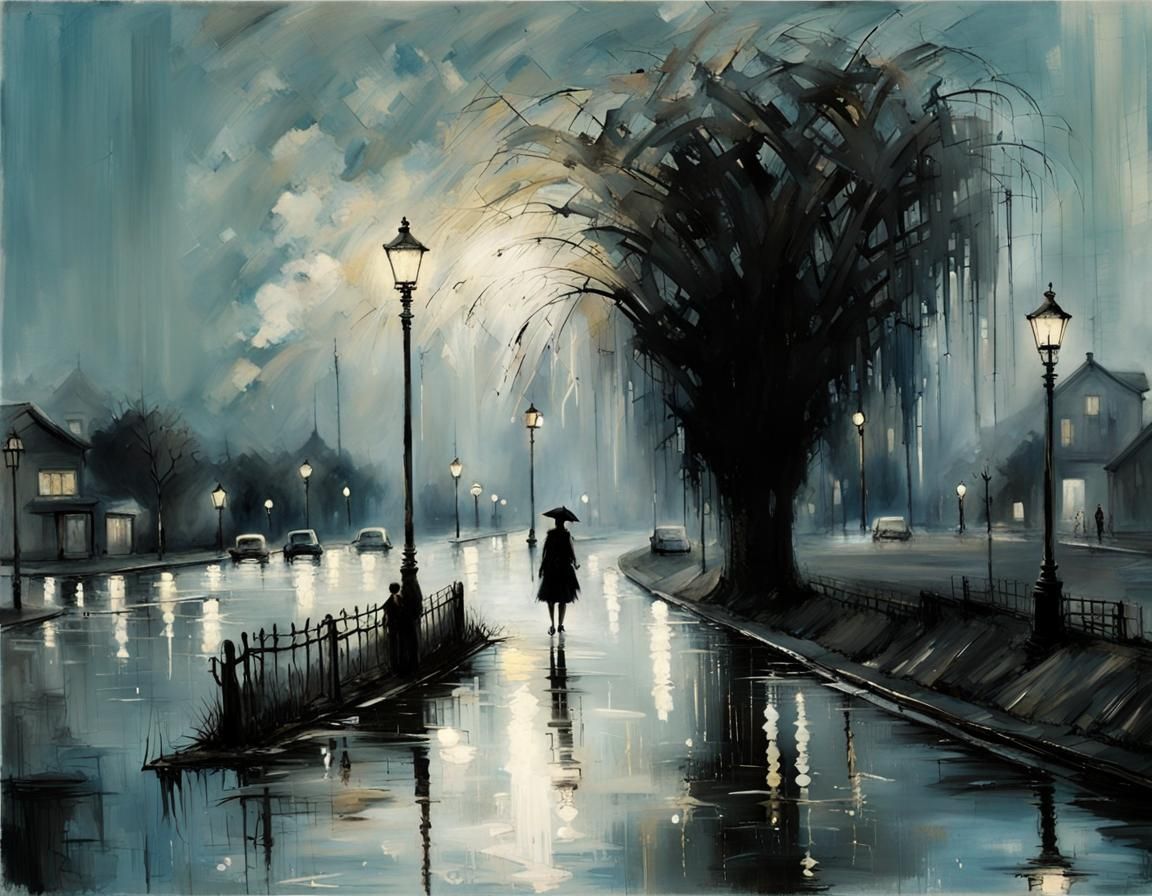 Melancholy Cityscape at Night in Expressionist Style