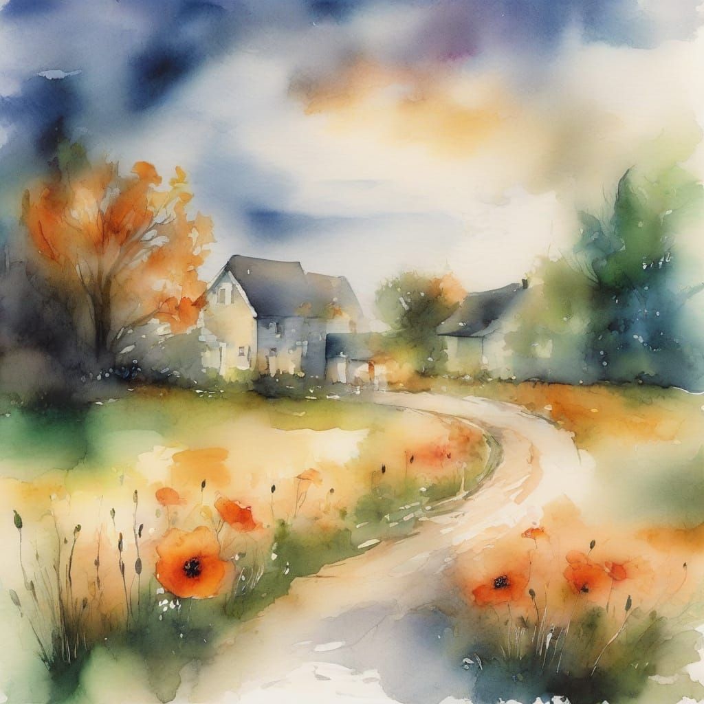 Dreamy Watercolour Town with Poppy Fields and Neon Lights