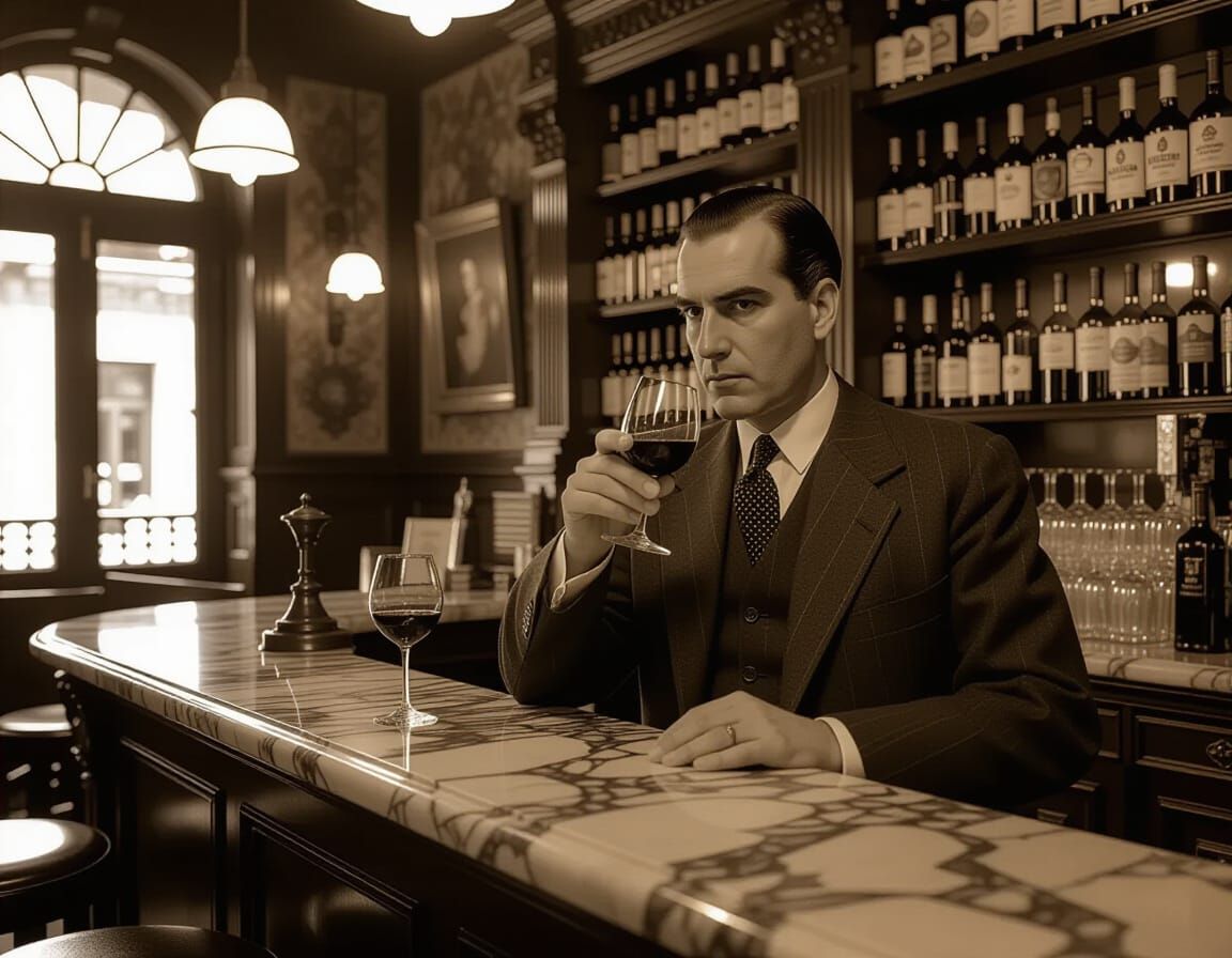 Fernando Pessoa in Moody 1930s Taberna, Sipping Red Wine
